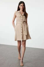 Trendyol Brown Belted Linen Look Mini Woven Shirt Dress