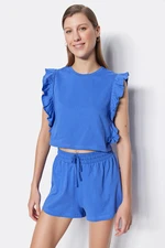 Trendyol Navy Blue 100% Cotton T-shirt with Frills-Shorts, Knitted Pajamas Set