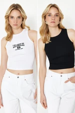 Trendyol Black-White Embroidered 2-Pack Fitted Crop Halter Neck Ribbed Flexible Knitted Undershirt