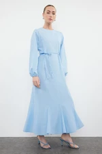 Trendyol Blue Knitted Belted Woven Cotton Dress