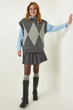 Happiness İstanbul Gray Diamond Patterned Knitwear Sweater