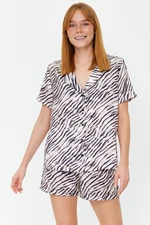 Trendyol Mink-Black Zebra Patterned Satin Shirt-Shorts Woven Pajama Set