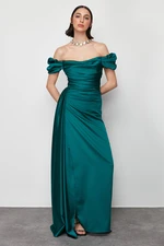 Trendyol Emerald Green Woven Satin Long Elegant Evening Dress