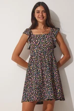 Happiness İstanbul Women's Black and Pink Summer Floral Viscose Dress