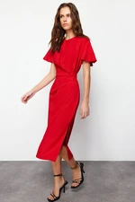 Trendyol Red Straight Cut Gathered Midi Woven Dress