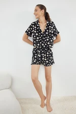 Trendyol Black-Multicolored Daisy Patterned Ruffle Viscose Woven Pajama Set