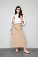 Trendyol Camel Double Breasted Tie Detailed Woven Linen Look Skirt