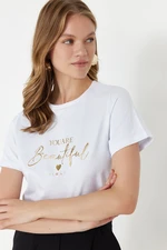 Trendyol White 100% Cotton Foil/Glossy Slogan Printed Regular/Normal Pattern Knitted T-Shirt