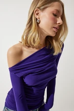 Happiness İstanbul Women's Purple Draped Collar Gather Detailed Blouse