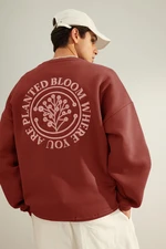 Trendyol Brick Oversize/Wide Cut Floral Embroidered Polar Fleece Inside Cotton Sweatshirt