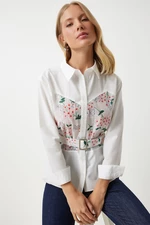 Happiness İstanbul Women's Ecru Pink Floral Embroidery Detailed Woven Shirt