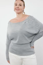 Trendyol Curve Gray Melange Low Shoulder Stoned Knitwear Sweater