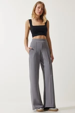 Happiness İstanbul Women's Gray Flexible Palazzo Trousers