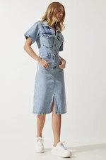 Happiness İstanbul Women's Medium Blue Slit Denim Dress