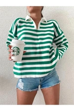 51782 Dewberry Polo Neck Striped Long Sleeve Sweater-GREEN