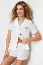 Trendyol White Cat Embroidered Viscose Woven Pajamas Set