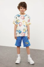 Trendyol Ecru Boy's Car Patterned T-shirt Shorts Set Knitted Top-Bottom Set