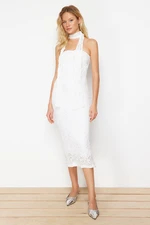 Trendyol White Lace Fitted Stretchy Knitted Midi Pencil Dress