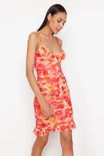 Trendyol Orange Printed Ruffle Detailed Strappy Body Fitted Flexible Knitted Mini Pencil Dress