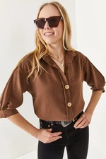 Olalook Women's Dark Brown Wooden Buttoned Three Quarter Sleeve Linen Shirt