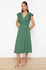 Trendyol Green Wrapped/Textured Skater/Belden Gippeli Double Breasted Closure Stretchy Knitted Midi Dress