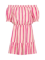 Pink striped linen dress with bare shoulders ORSAY