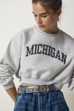 Happiness İstanbul Women's Gray Printed Crop Knitted Sweatshirt