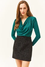 Olalook Women's Emerald Green Waistband Pleated Turndown Collar Blouse