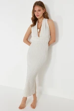 Trendyol Ecru Maxi Woven Back Low-cut Linen Blended Beach Dress