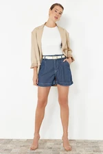 Trendyol Dark Blue 100% Tencel™ Pleated High Waist Denim Shorts