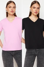 Trendyol Black-Pink 100% Cotton 2-Pack Basic V-Neck Knitted T-Shirt