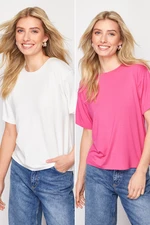 Trendyol White-Pink 2 Pack Viscose Short Sleeve Crew Neck Knitted T-Shirt