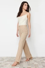 Trendyol Light Brown Straight/Straight Fit High Waist Ribbed Stitched Woven Trousers