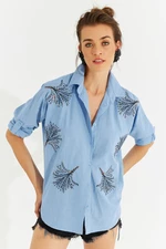 Cool & Sexy Women's Blue Embroidered Linen Shirt TD149