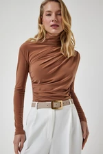 Happiness İstanbul Women's Biscuit Ruffle Detailed High Collar Sandy Blouse