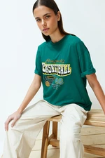 Trendyol Emerald Green Oversize Printed Crew Neck Short Sleeve Knitted T-Shirt