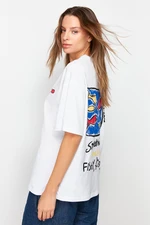 Trendyol White 100% Cotton Printed Oversized/Wide Fit Crew Neck Knitted T-Shirt