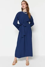 Trendyol Navy Blue Waist Belted Parachute Fabric Wide Pattern Woven Dress