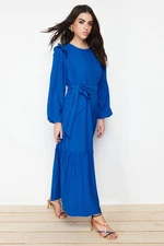 Trendyol Blue Belted Viscose Blended Woven Dress with Ruffled Shoulder Skirt Flounce Lined