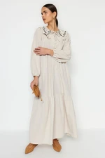 Trendyol Cream Collar Embroidered Half Pat Linen Look Woven Dress