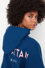 Trendyol Indigo Back with a Print Detailed Hoodie, Fleece Inner Knitted Sweatshirt