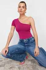 Trendyol Fuchsia Fitted/Body-Sitting Asymmetric Collar Single Arm Snap Fastener Stretch Knitted Body