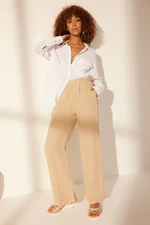 Trendyol Beige 100% Linen Pleated High Waist Wide Leg Trousers