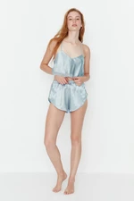 Trendyol Light Blue Lace Detailed Rope Strap Crop Satin Woven Pajama Set