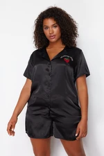 Trendyol Curve Black Strawberry Embroidered Shirt Collar Satin Pajama Set