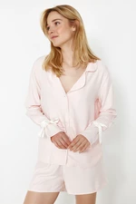 Trendyol Light Pink Tie/Bow and Piping Detailed Viscose Woven Pajama Set