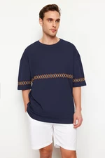 Trendyol Navy Blue Oversize/Wide Cut Embroidered 100% Cotton T-Shirt