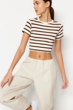 Trendyol Limited Edition Brown Ecru Striped Viscose Crop Collar Flexible Knitted Blouse