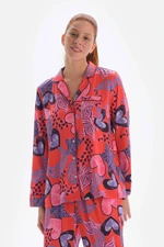 Dagi Pomegranate Flower Shirt Collar Patterned Long Sleeve Woven Top