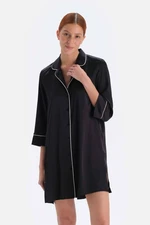 Dagi Black Piping Detailed Shirt Collar Bride Satin Nightgown.